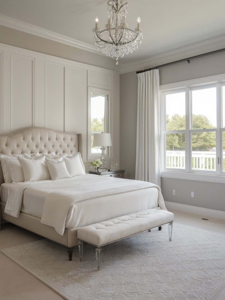 Classic White Bedroom Decor: Elegance, Tufted Headboard, Crystal Chandeliers.