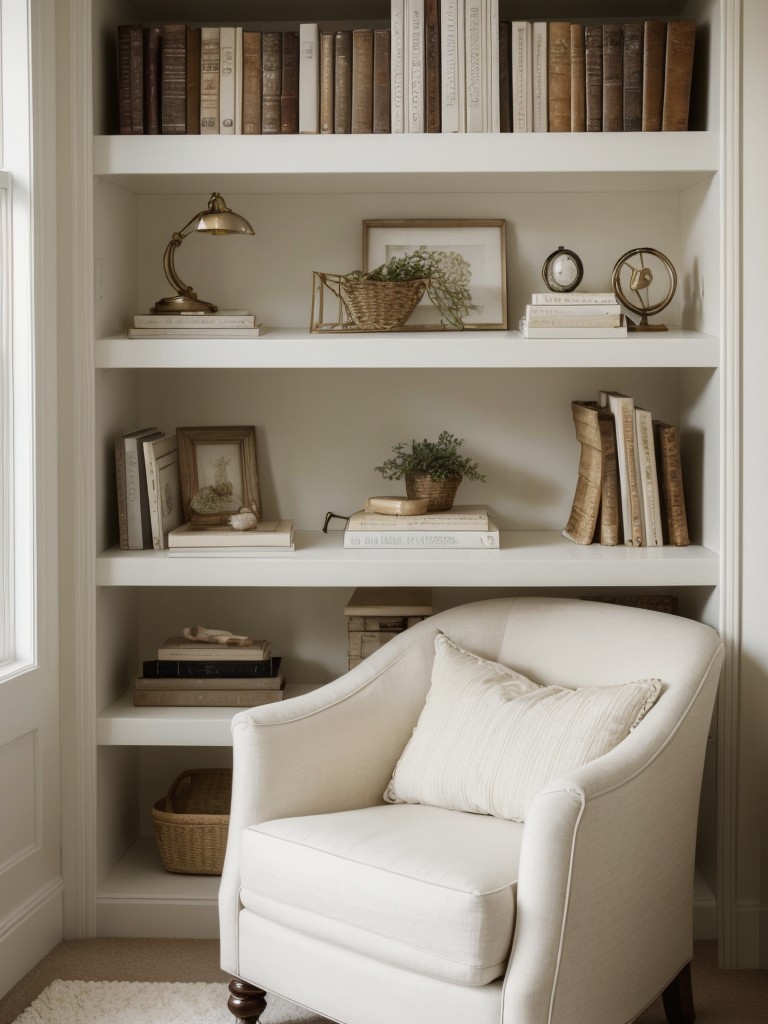 Cozy Bedroom Corner: White Luxe Escape with Armchair & Shelves!