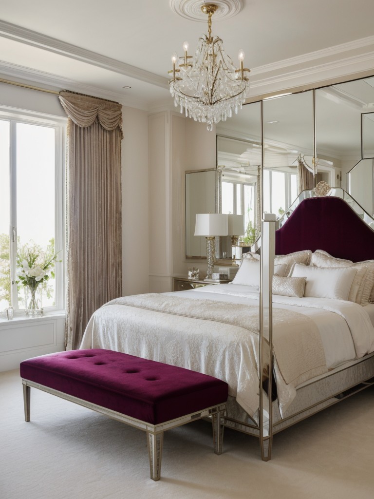 Luxurious White Bedroom Escape: Hollywood Glam with Mirrored Bed & Velvet Curtains