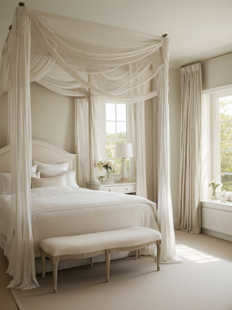 Luxurious White Bedroom Escape: Classic Four-Poster Bed & Romantic Drapes