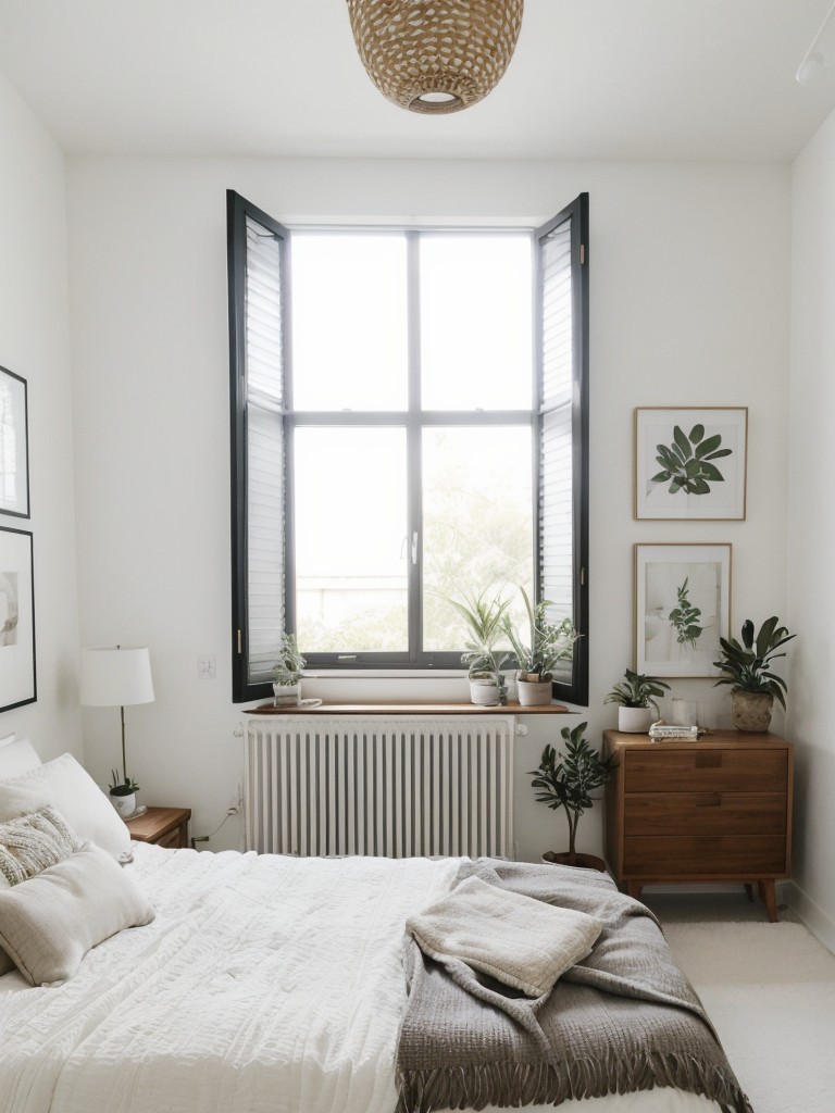 Minimalist White Boho Bedroom: Sleek Lines & Geometric Art