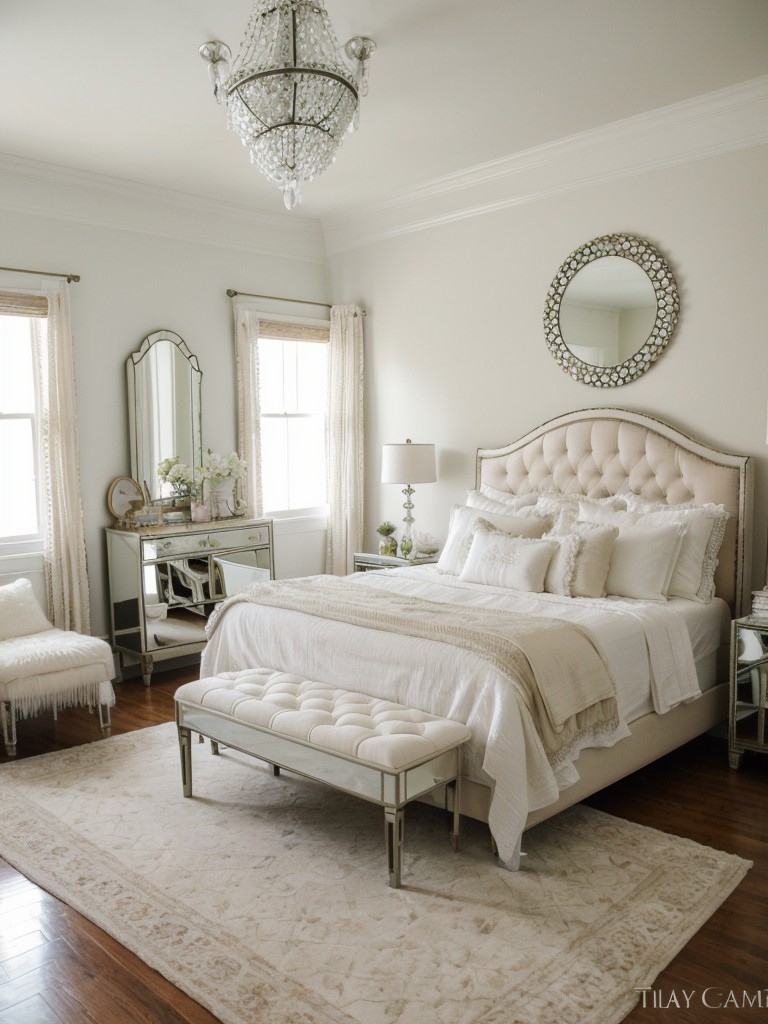 Vintage Hollywood Glam Bedroom with Tufted Headboard and Mirrored Furniture