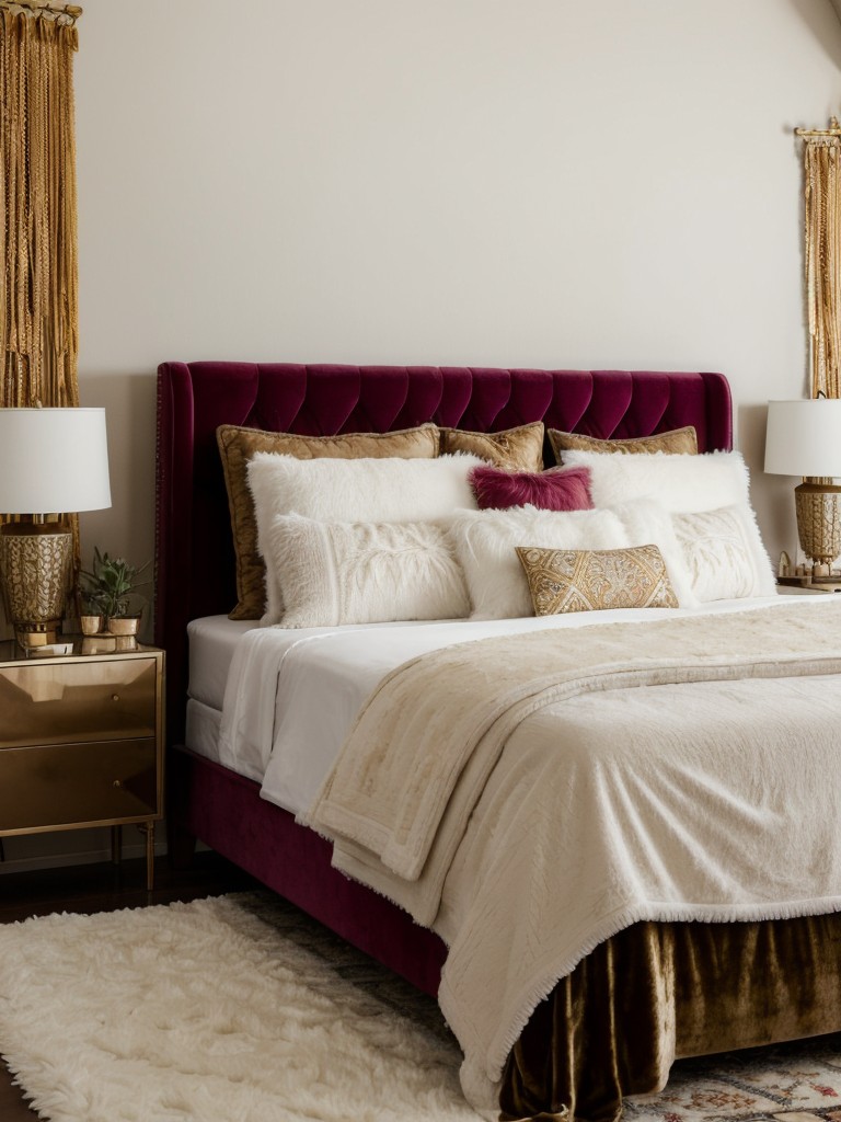 Luxury Bohemian Bedroom Retreat: Opulent textures, rich colors, and sumptuous details.