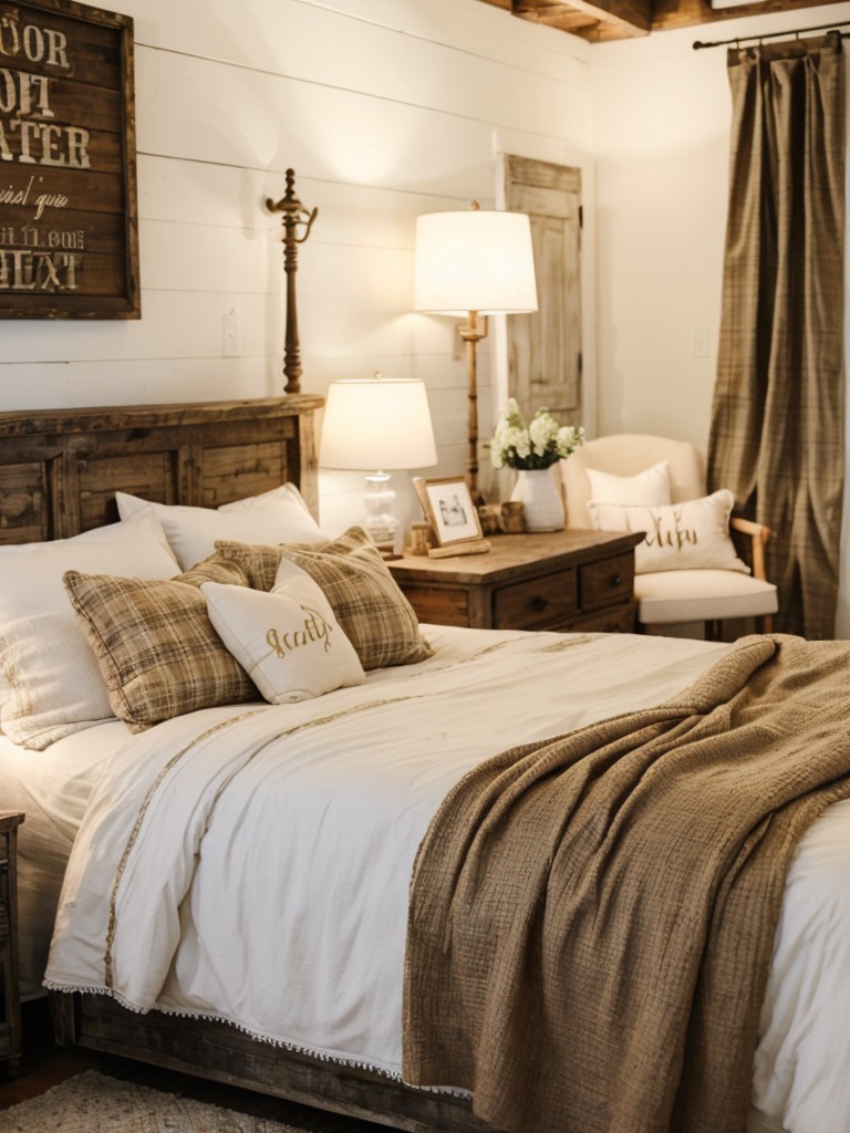 Cozy Farmhouse Bedroom: Embrace rustic charm with reclaimed wood furniture and charming lighting!