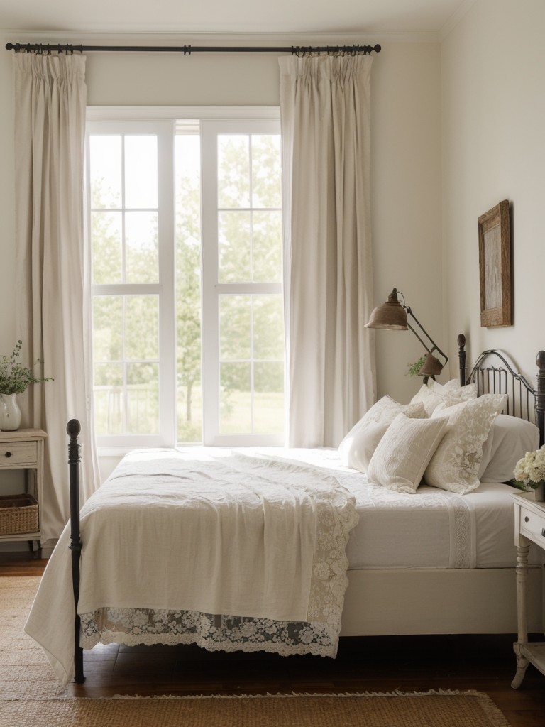 Rustic Chic: French Country Bedroom with Vintage Iron Bedframe & Lace Curtains