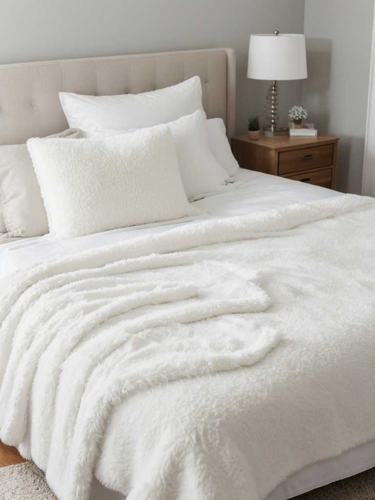 Cozy White Bedroom Vibes: Faux Fur, Knits, & Soft Lighting