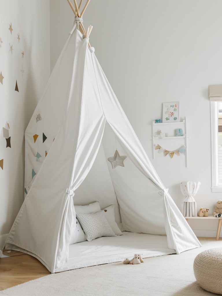 Whimsical White Bedroom: Spark Imagination with Teepee & Fun Decor.