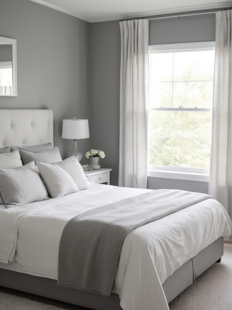 Timeless white and grey bedroom: chic, serene, and sophisticated.