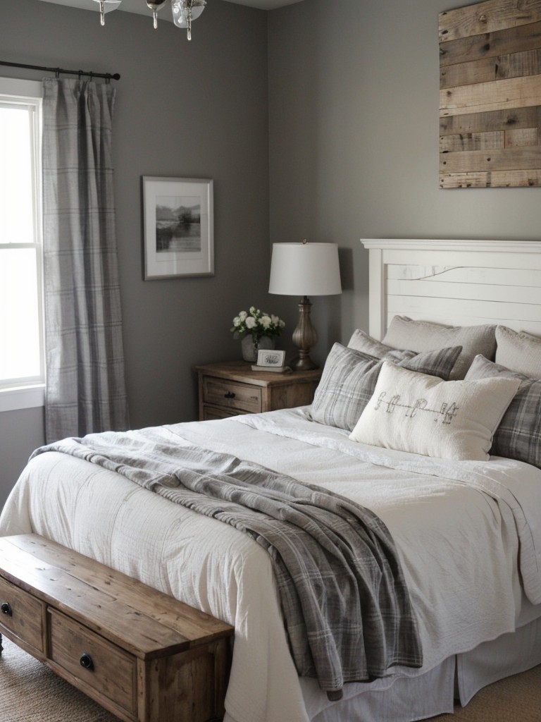 Farmhouse-inspired bedroom design with white and grey color scheme for cozy vibes