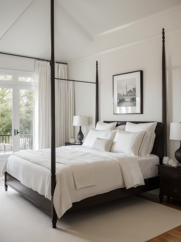 Regal White Canopy Bedroom: Add Artistic Flair with Monochrome Framed Décor