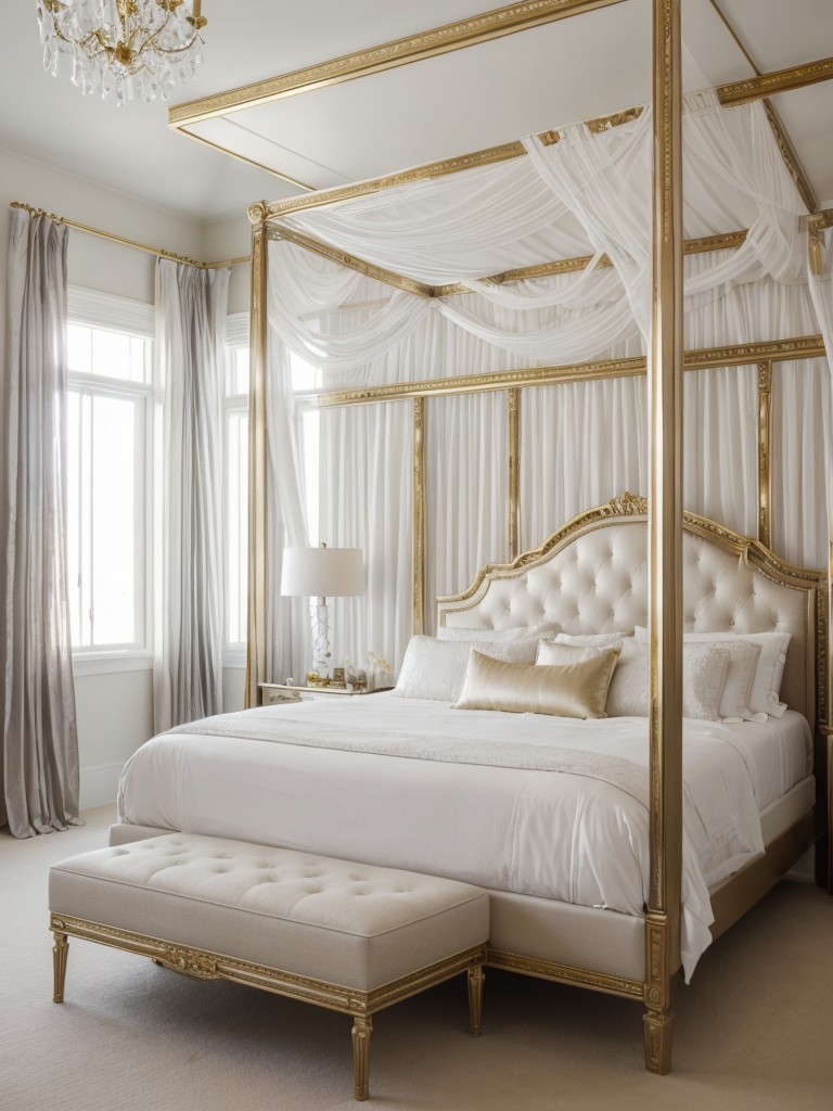 Regal and Elegant Bedroom Ideas with White Canopy. Add Metallic Accents for Glamour!