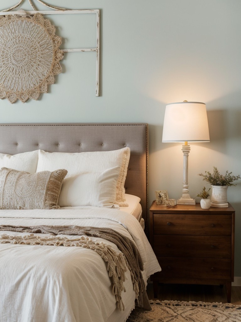 Eclectic Boho Apartment Bedroom: Elegant White Decor with Vintage Lighting!