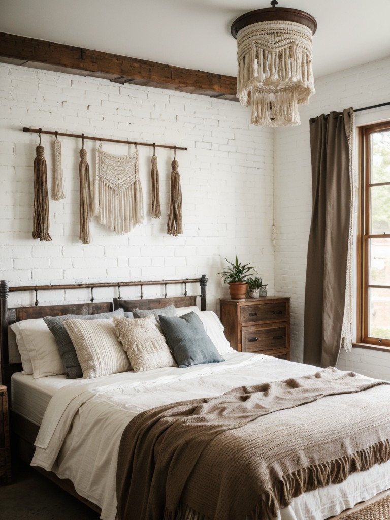 Rustic Industrial Bedroom with White Brick Wall: Boho Chic Vibes!