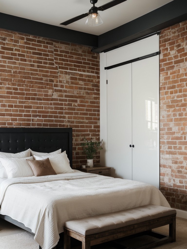 Rustic Industrial Bedroom with White Brick Wall & Bold Geometric Wallpaper