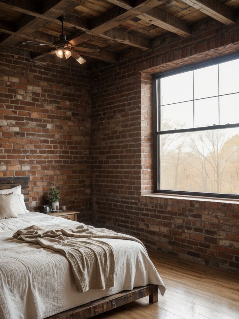 Rustic Industrial Bedroom with White Brick Wall & Cozy Farmhouse Vibes