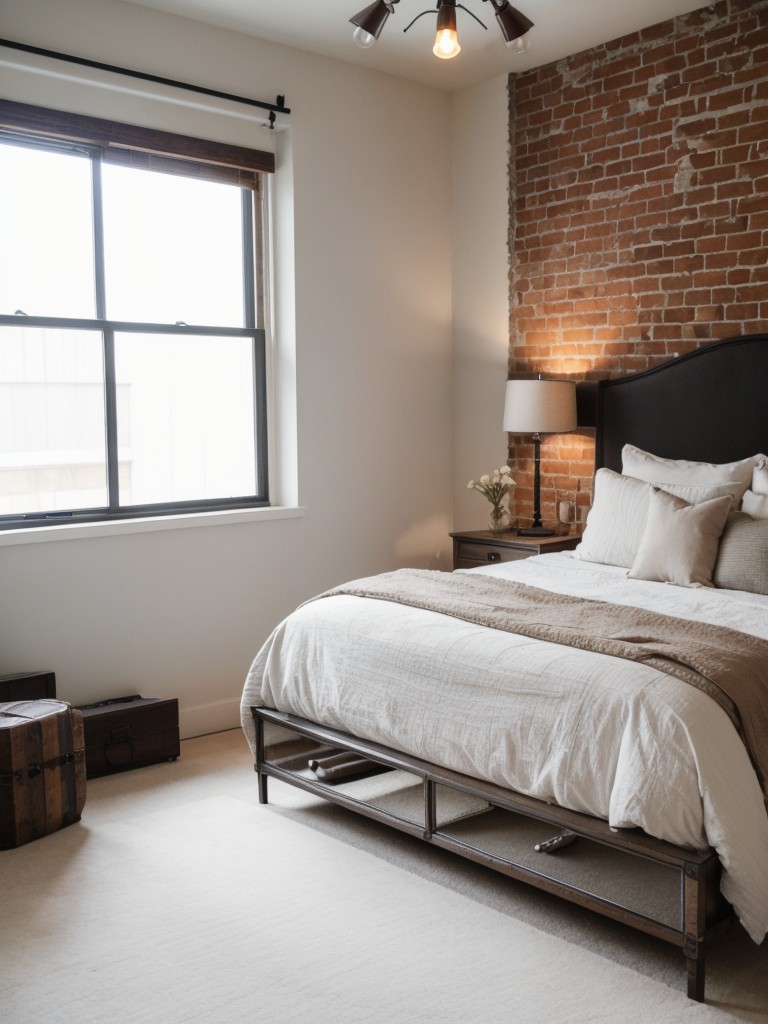 Rustic-industrial bedroom vibes with a white brick wall. Hollywood Regency glam!