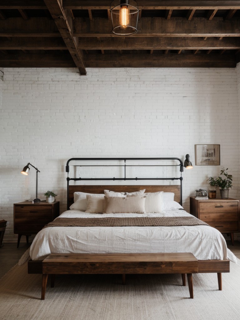 Cozy Industrial Vibes: Rustic Brick Wall Bedroom with Retro Style