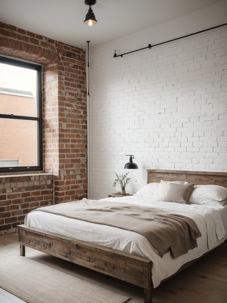 Rustic Industrial Bedroom with White Brick Wall: Minimalist Scandinavian Vibes!