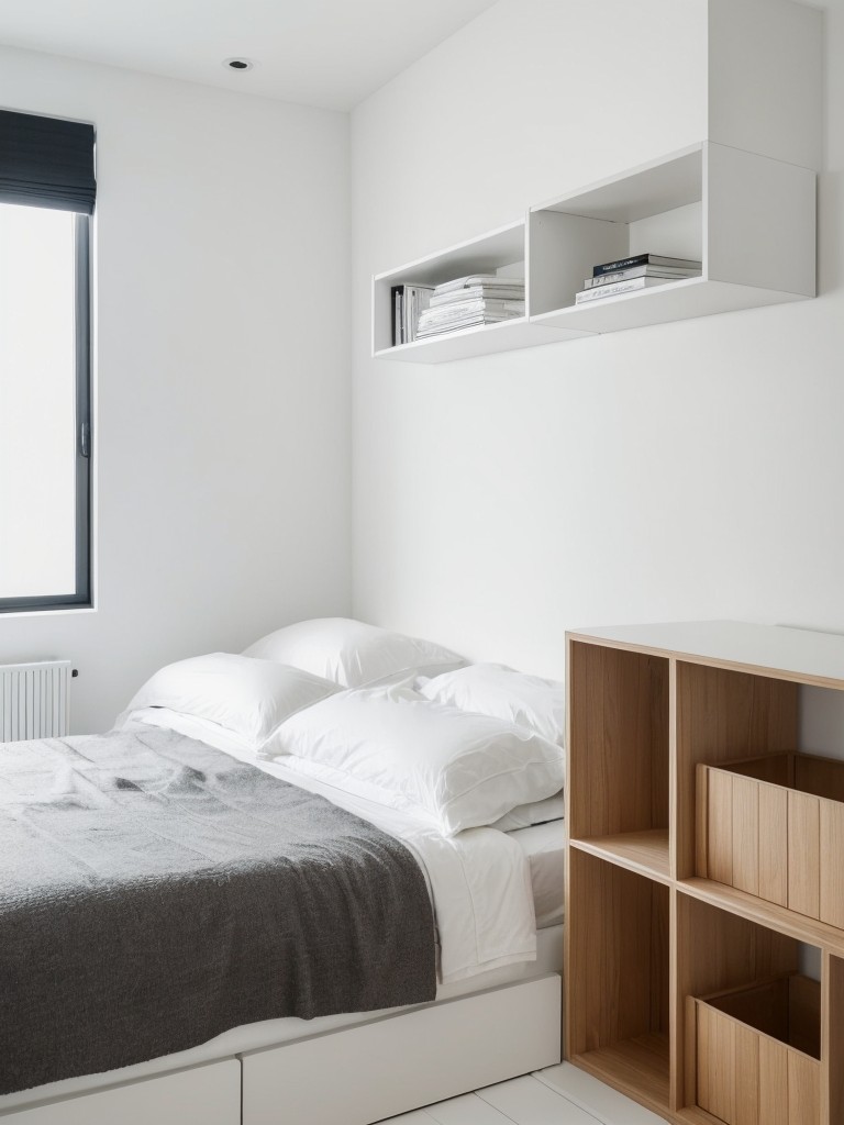 Minimalist Monochromatic Bedroom: Stylish and Serene Storage Ideas.