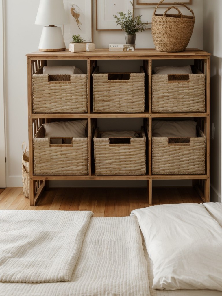 Cozy White & Wood Bedroom: Stylish Storage Solutions for an Organized Space