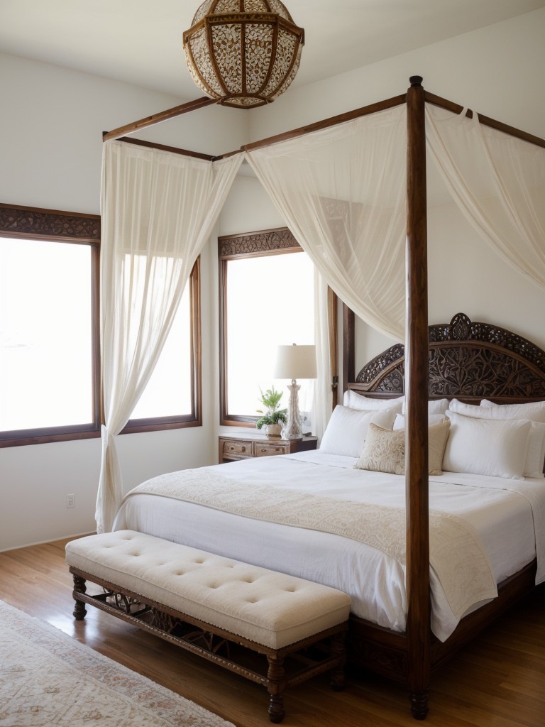 Exotic Elegance: Moroccan-Inspired Bedroom Decor with Carved Canopy Bed.