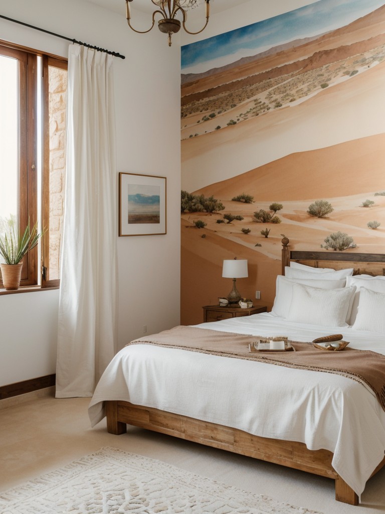 Moroccan oasis for your apartment: White bedroom with tranquil desert mural.