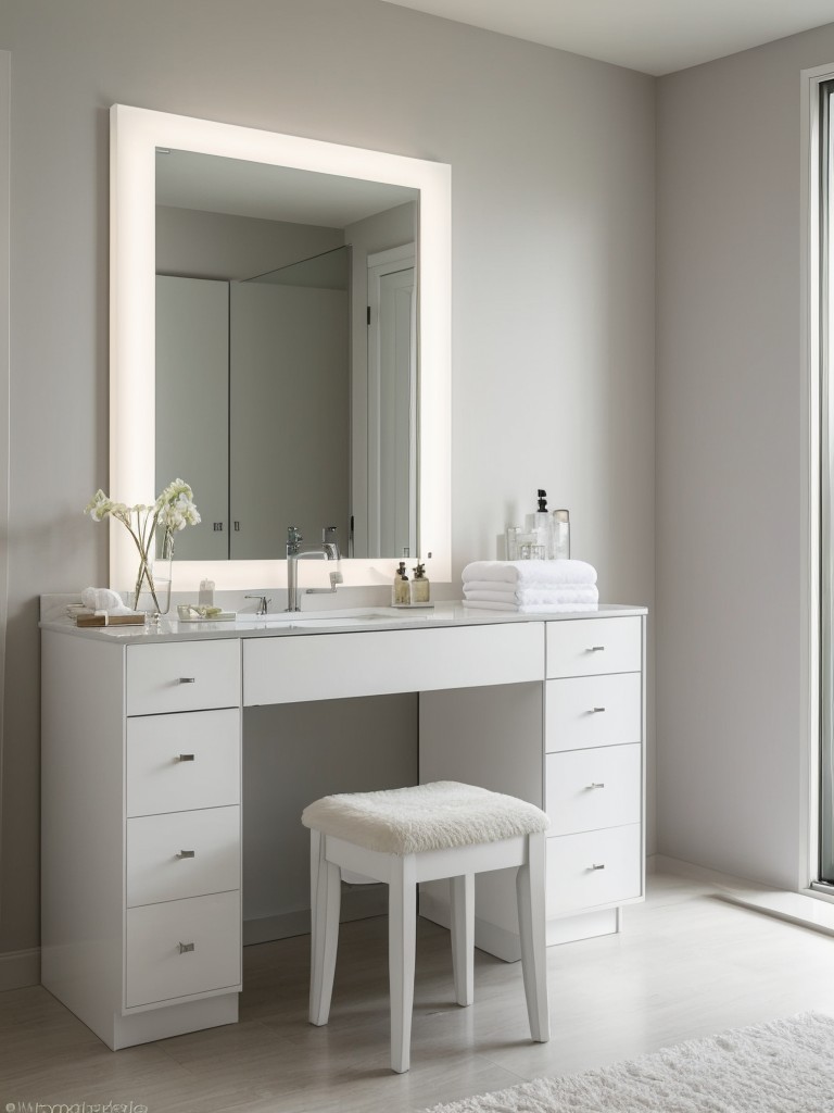 Chic White Bedroom: Trendy Vanity Area for Easy Prepping!