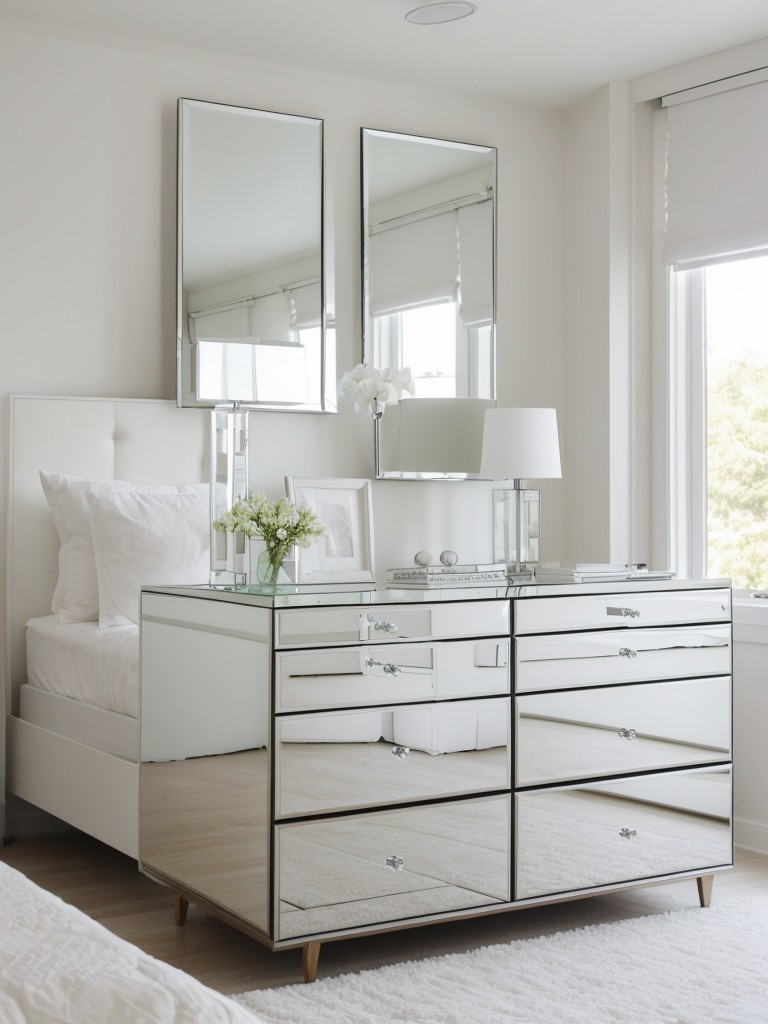 Stylish White Bedroom with Mirrored Furniture for a Trendy Apartment