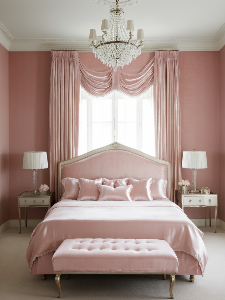 Chic & Luxe: Create a Feminine Pink & White Apartment with Velvet Bed & Crystal Chandelier