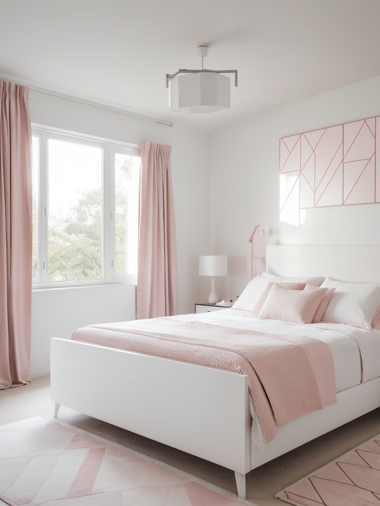 Feminine and minimalistic bedroom inspo: white & pink palette, sleek furniture, geometric patterns.