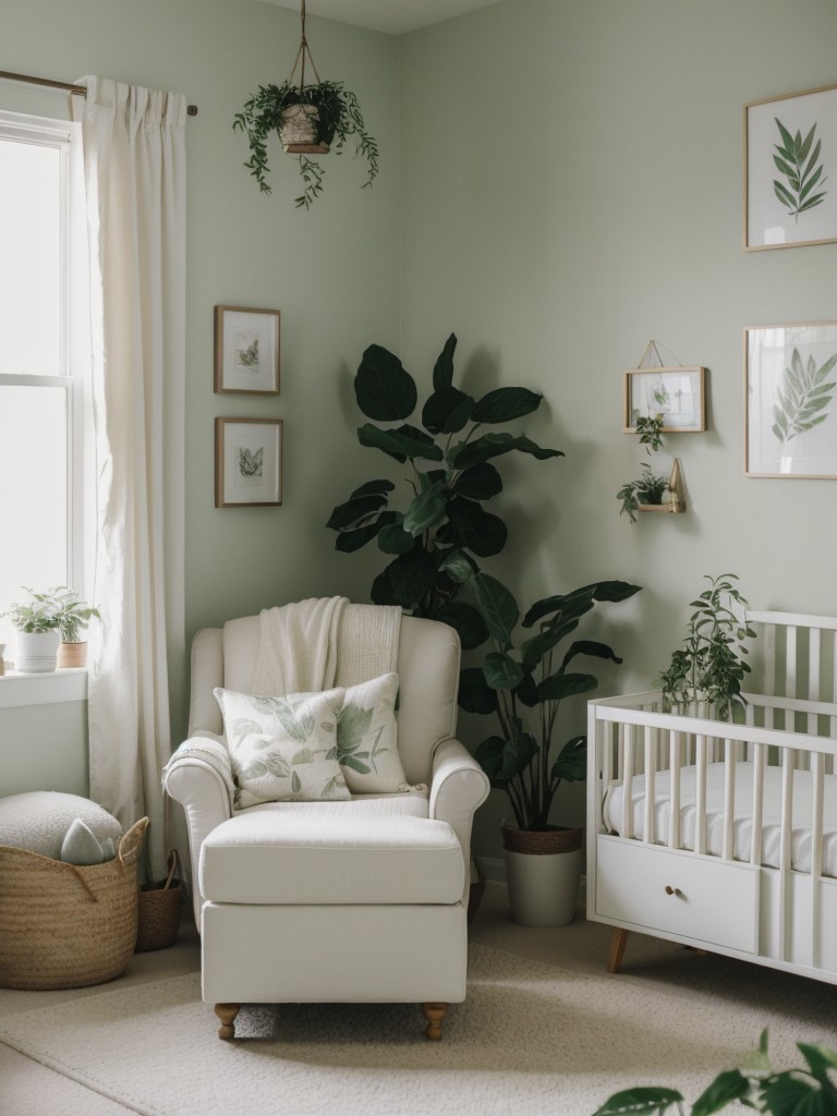 Serene Apartment Nursery: Greenery, Botanical Prints, and Baby-Friendly Bliss!