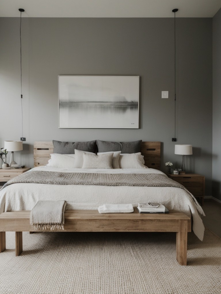 Minimalist Gray Bedroom: Serene and Balanced Space with Natural Touches