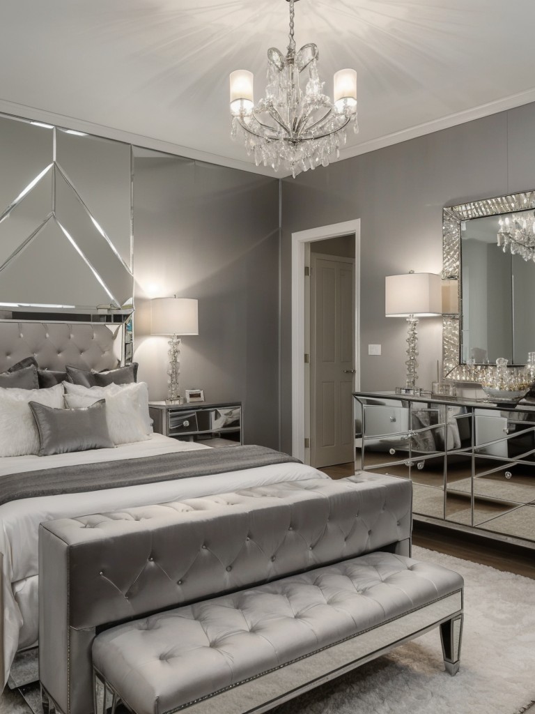 Glam meets gray with mirrored accents and metallic touches for a luxurious apartment bedroom.