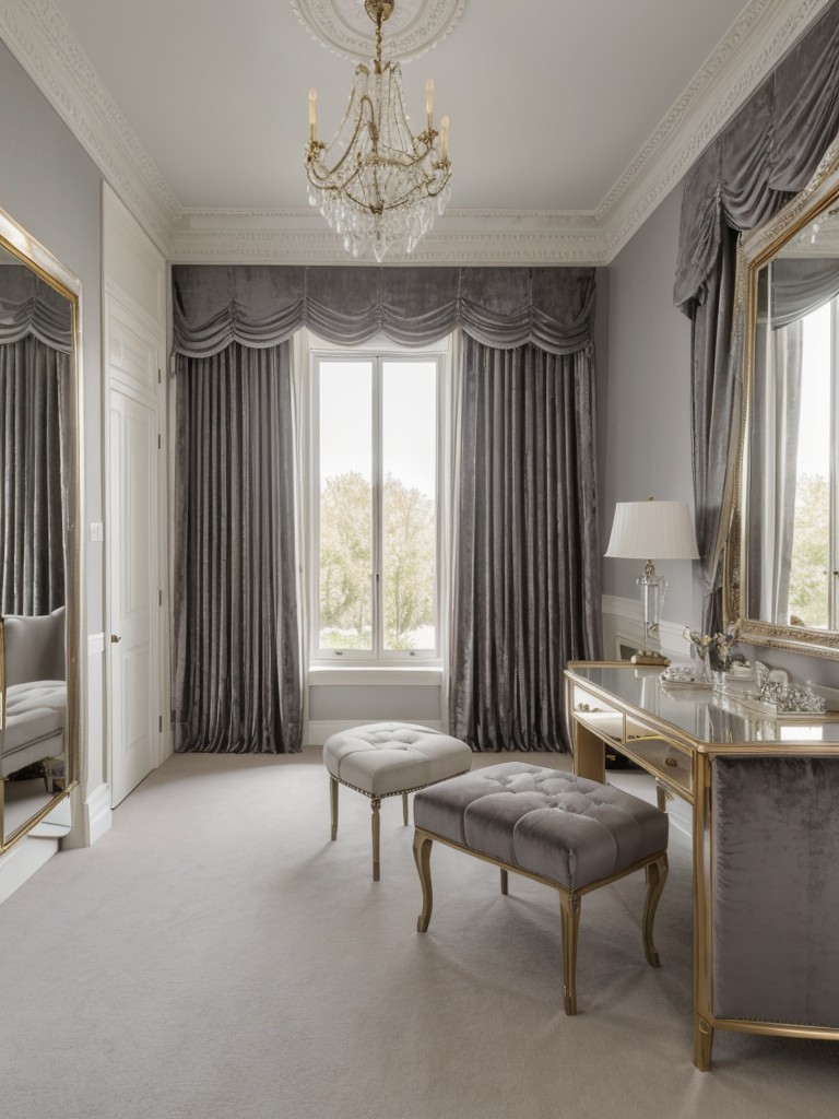 Luxe Gray Bedroom: Velvet Curtains, Chic Vanity, Ornate Mirrors