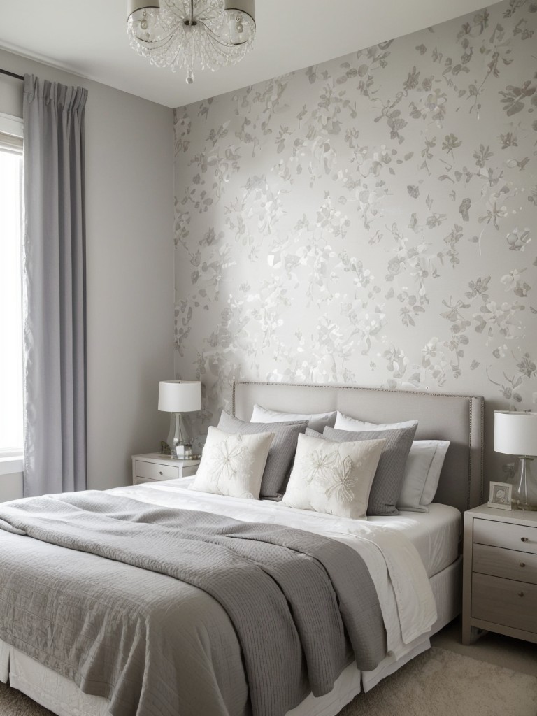 Serene Gray Apartment Bedroom with Whimsical Wallpaper