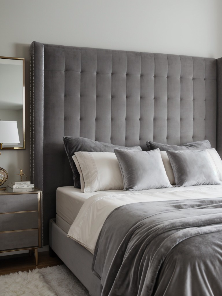 Serene & Luxurious Gray Bedroom Retreat with Velvet Headboard