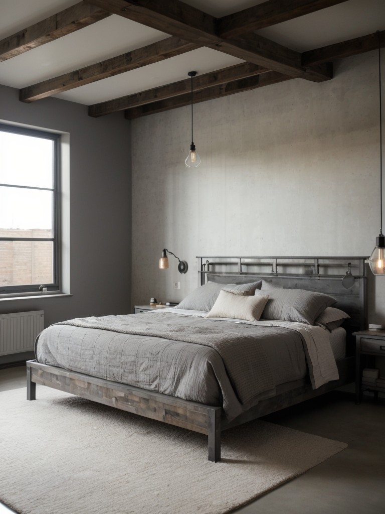 Cozy Loft Bedroom Vibes: Gray Decor, Open Shelves & Exposed Beams