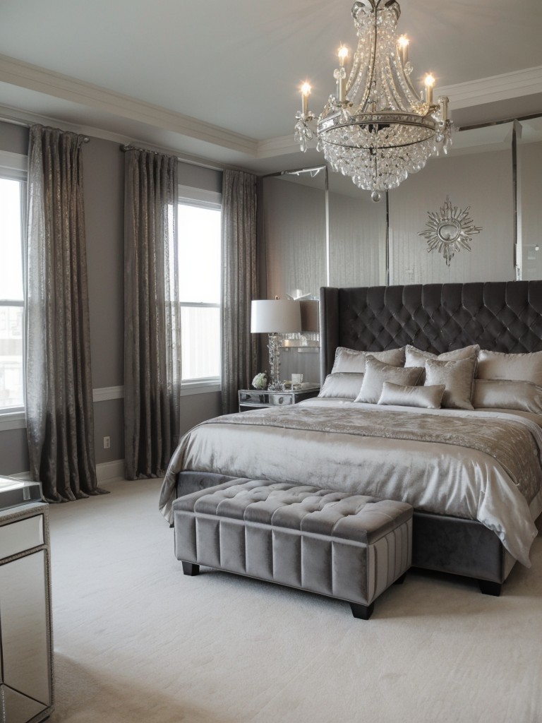 Glamorous Gray Bedroom with Chandelier & Velvet Upholstery