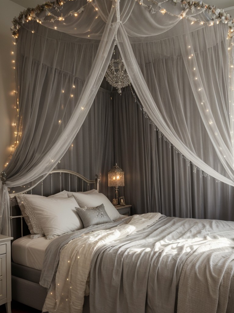 Whimsical Gray Bedroom Decor: Twinkling Canopy & Enchanting Art