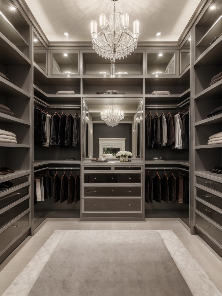 Glamorous Gray Bedroom: Custom Walk-in Closet with Luxe Touches