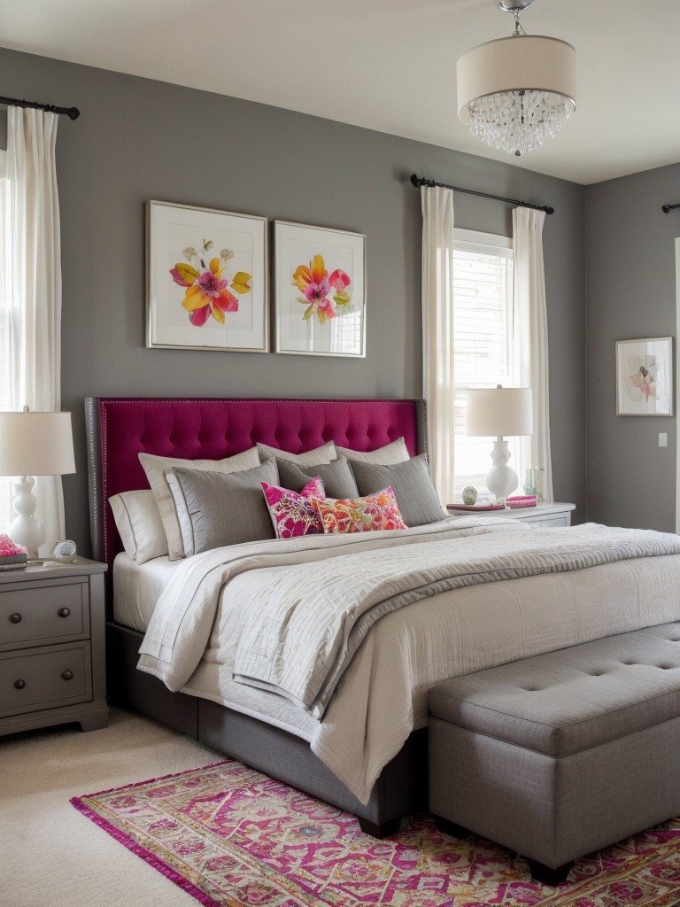 Passionate Pop: Vibrant Accents for a Romantic Gray Bedroom