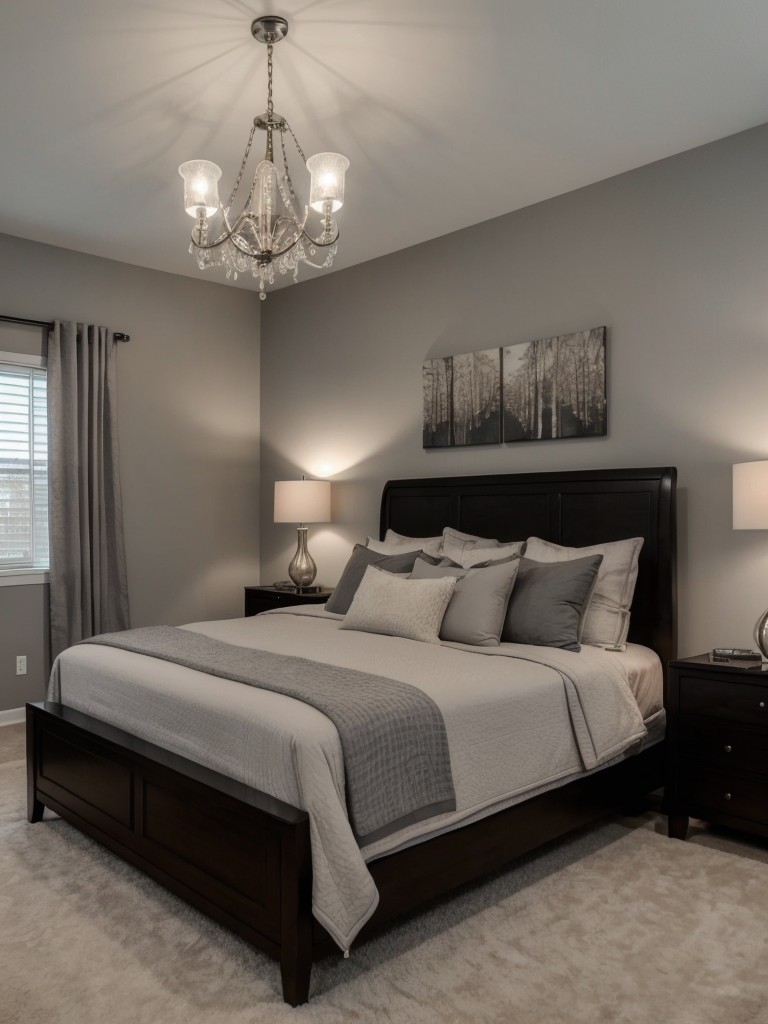 Charming Gray Apartment: Cozy Bedroom with Elegant Chandelier