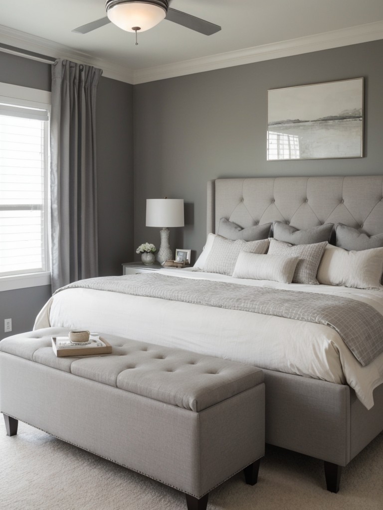 Chic Gray Bedroom: Stylish Storage Bench for a Stunning Apartment