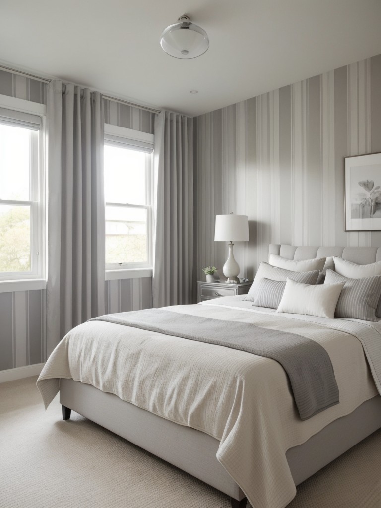 Chic Gray Bedroom Upgrade: Elevate Your Space with Striped Wallpaper!