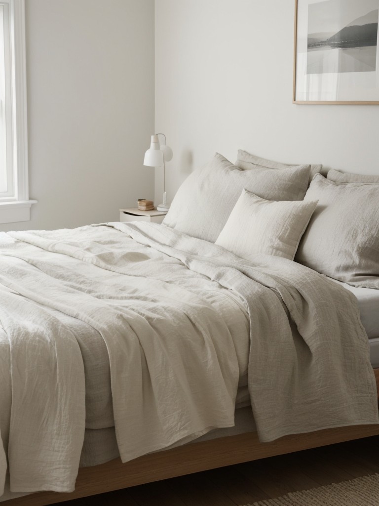 Cozy Scandinavian Apartment: Layered Bedding for Depth.