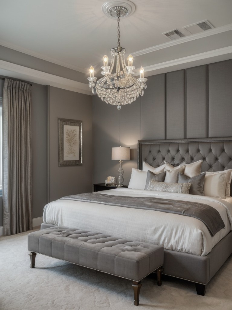 Gray Bedroom Glam: Elevate Your Space with Crystal Chandeliers & Sophisticated Decor