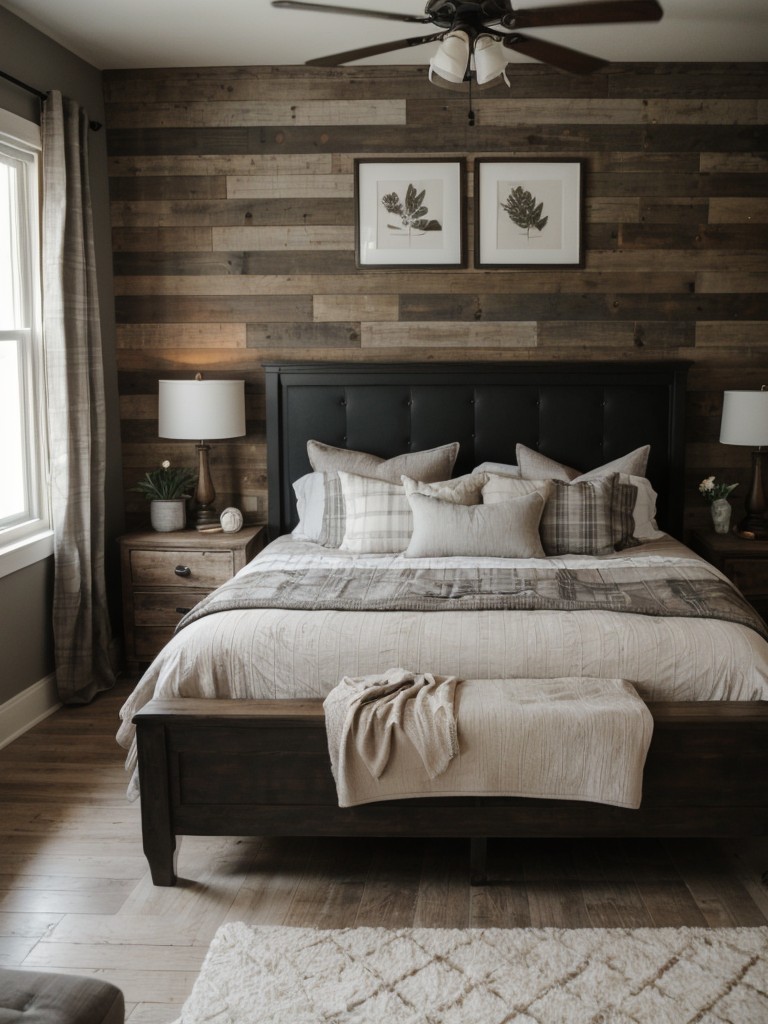 Timeless Rustic Gray Bedroom: Distressed Wood, Exposed Brick, Plaid Bedding