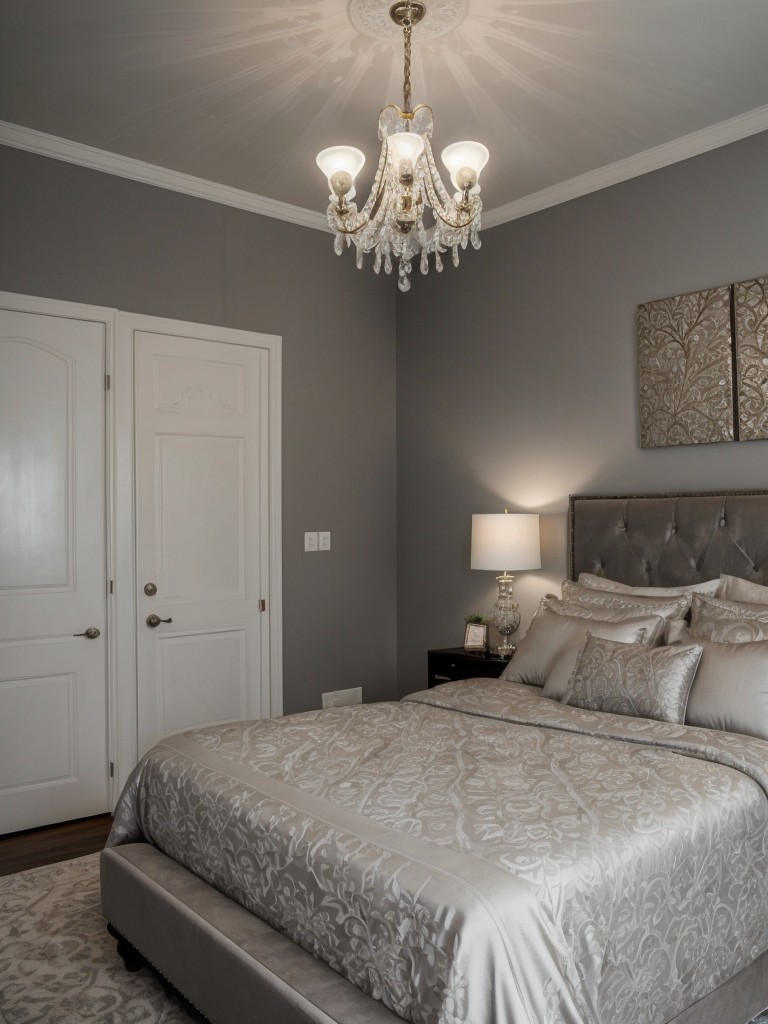 Timeless Gray Bedroom Decor: Glamour, Chandeliers, and Luxurious Touches!