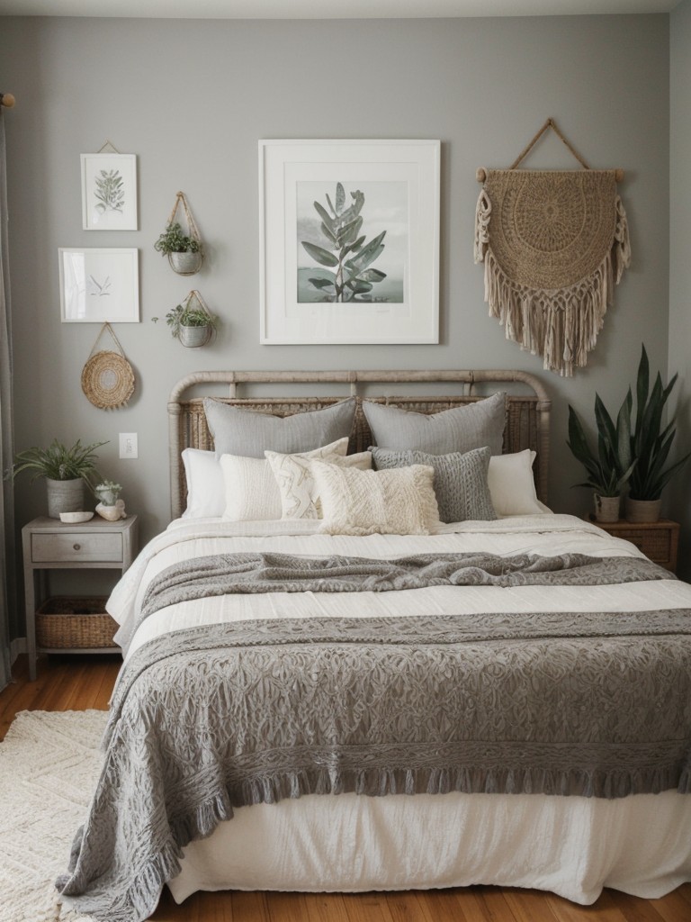 Boho Vibes: Create a Tranquil Apartment Bedroom with Macrame, Gallery Wall, and Colorful Textiles