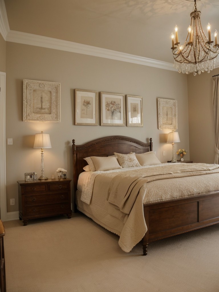 Vintage-inspired Beige Bedroom Decor: Add Charm with Lace, Frames & Chandelier!